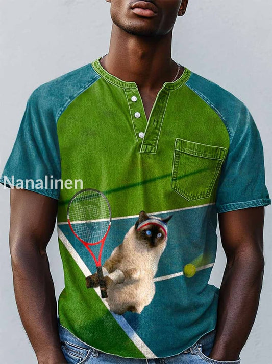 Men`s Vintage Cat Abstract Art Print Design Casual T-Shirt Colorful / S
