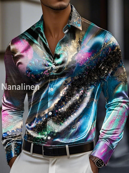 Men’s Vintage Color Textured Print Premium Satin Long Sleeve Shirt Colorful / S