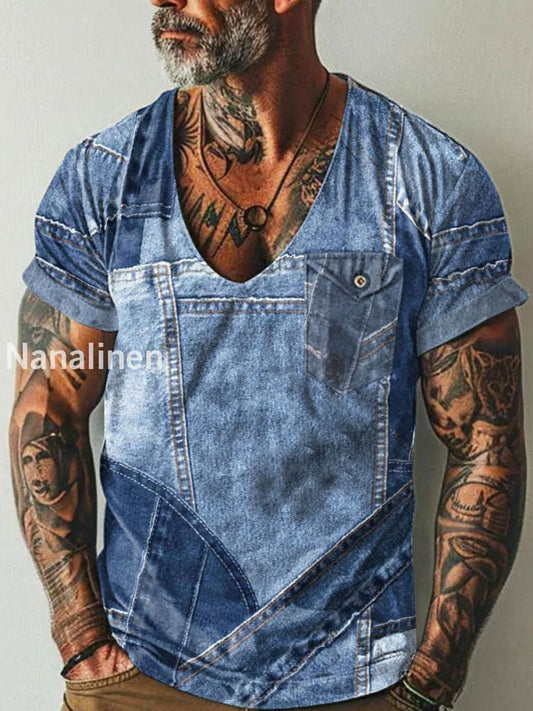 Men`s Vintage Denim Art Print Pocket Casual Short Sleeves T-Shirt Colorful / S