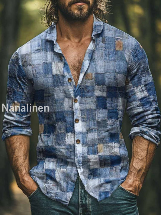 Men’s Vintage Denim Plaid Print Art Casual Cotton Shirt Blue / S