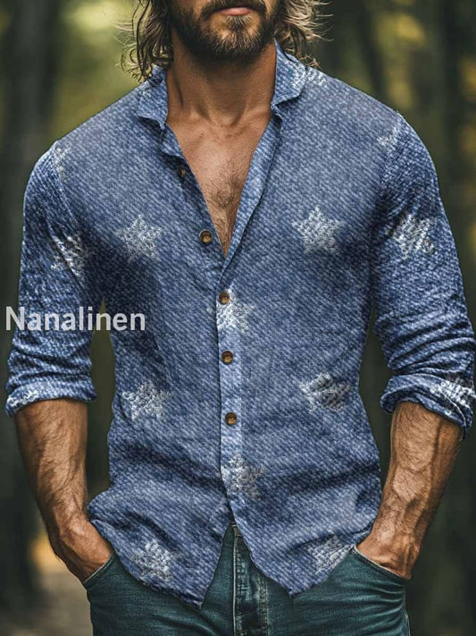 Men’s Vintage Denim Star Print Art Casual Cotton Shirt Colorful / S