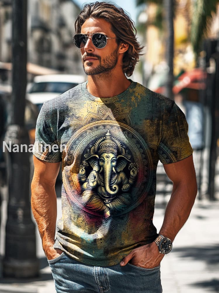 Men’s Vintage Elephant Head God Print Casual Short Sleeve T-Shirt