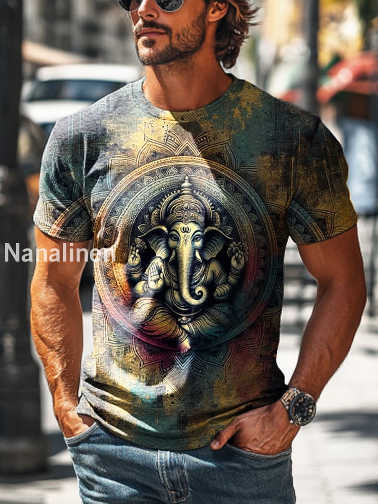 Men’s Vintage Elephant Head God Print Casual Short Sleeve T-Shirt Colorful / S