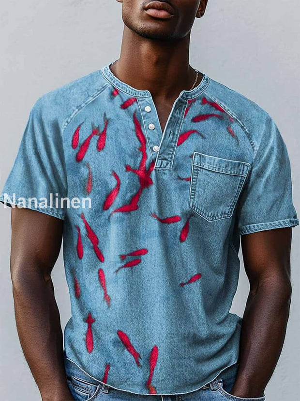 Men`s Vintage Fish Abstract Art Print Design Casual T-Shirt Blue / S