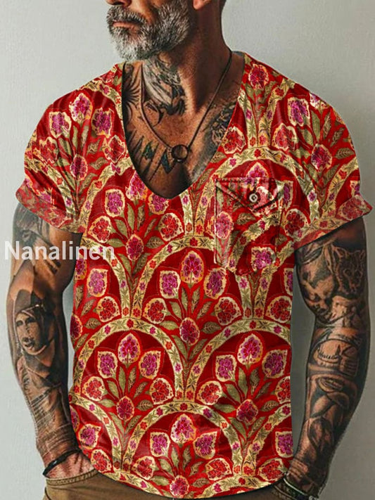 Men`s Vintage Floral Art Print Pocket Casual Short Sleeves T-Shirt Colorful / S