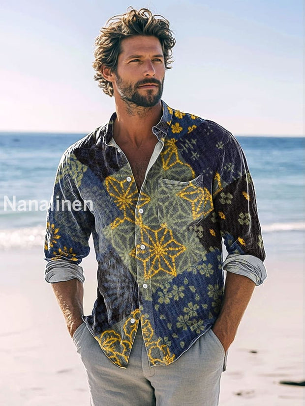 Men’s Vintage Floral Patchwork Printed Casual Long Sleeve Shirt
