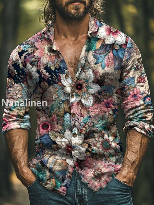 Men’s Vintage Floral Print Art Casual Cotton Shirt Colorful / S