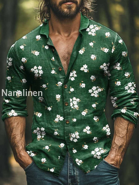 Men’s Vintage Floral Print Art Casual Cotton Shirt Green / S