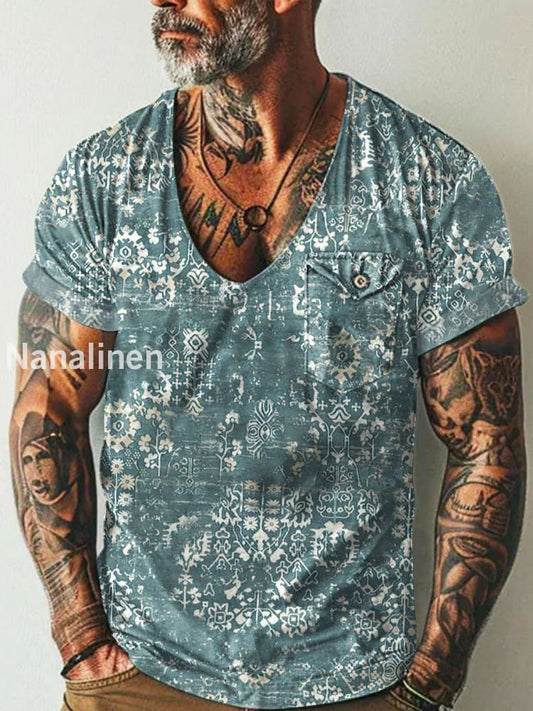 Men`s Vintage Floral Print Pocket Casual Short Sleeves T-Shirt Colorful / S