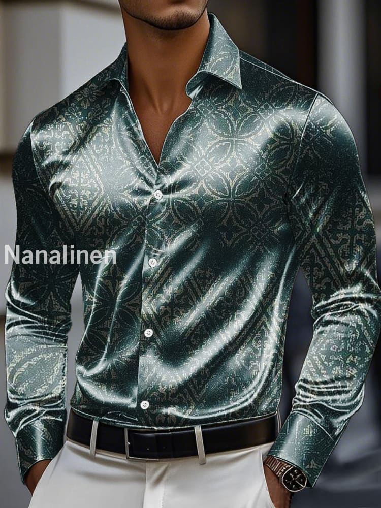 Men’s Vintage Gradient Geometric Print Premium Satin Long Sleeve Shirt Colorful / S