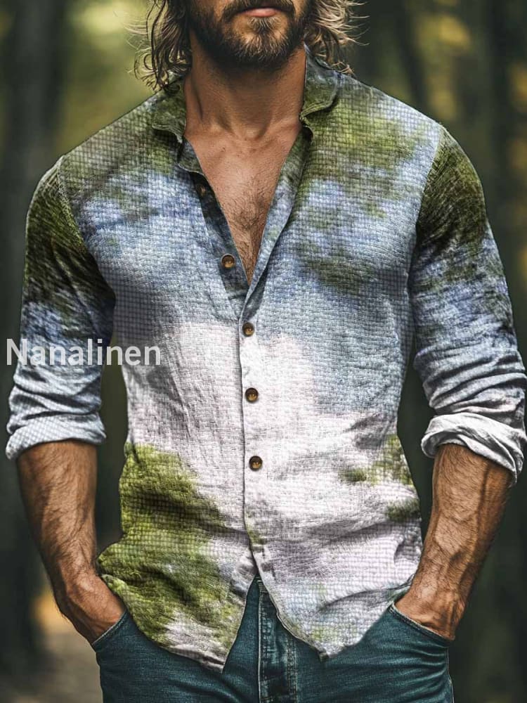 Men’s Vintage Landscape Painting Print Art Casual Cotton Shirt Colorful / S