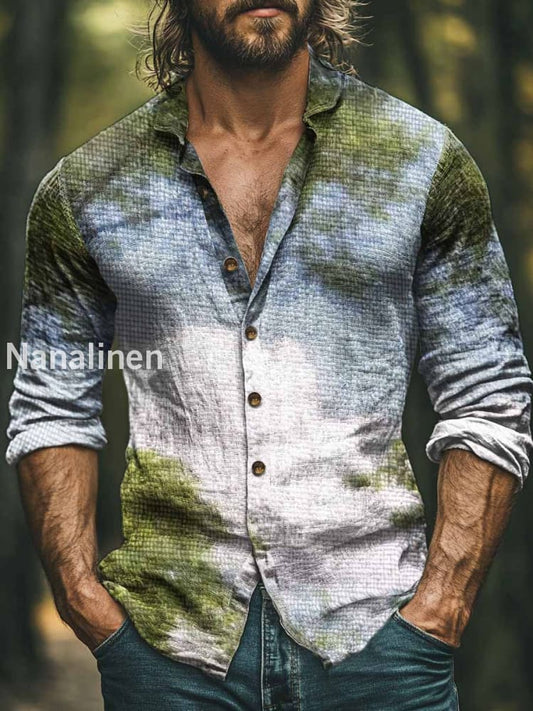 Men’s Vintage Landscape Painting Print Art Casual Cotton Shirt Colorful / S