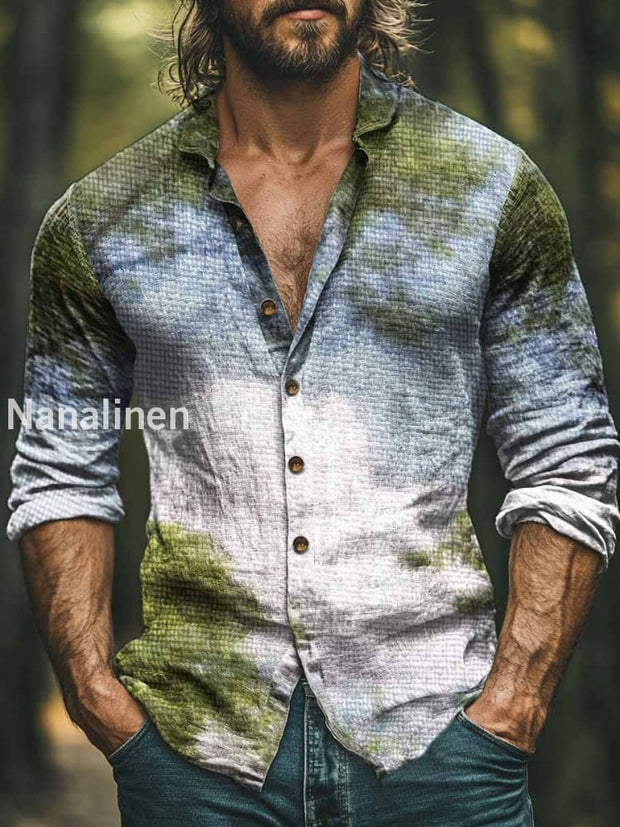 Men’s Vintage Landscape Painting Print Art Casual Cotton Shirt Colorful / S