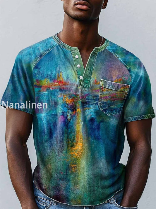 Men`s Vintage Landspace Abstract Art Print Design Casual T-Shirt Colorful / S