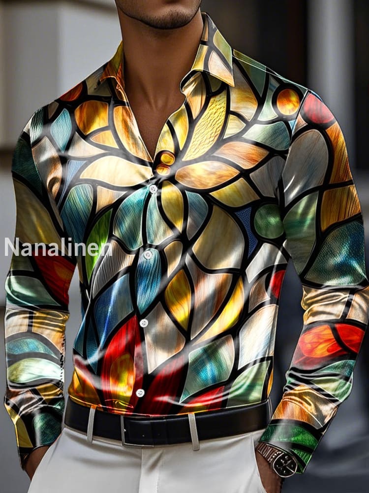 Men’s Vintage Multicolor Geometric Print Premium Satin Long Sleeve Shirt Colorful / S