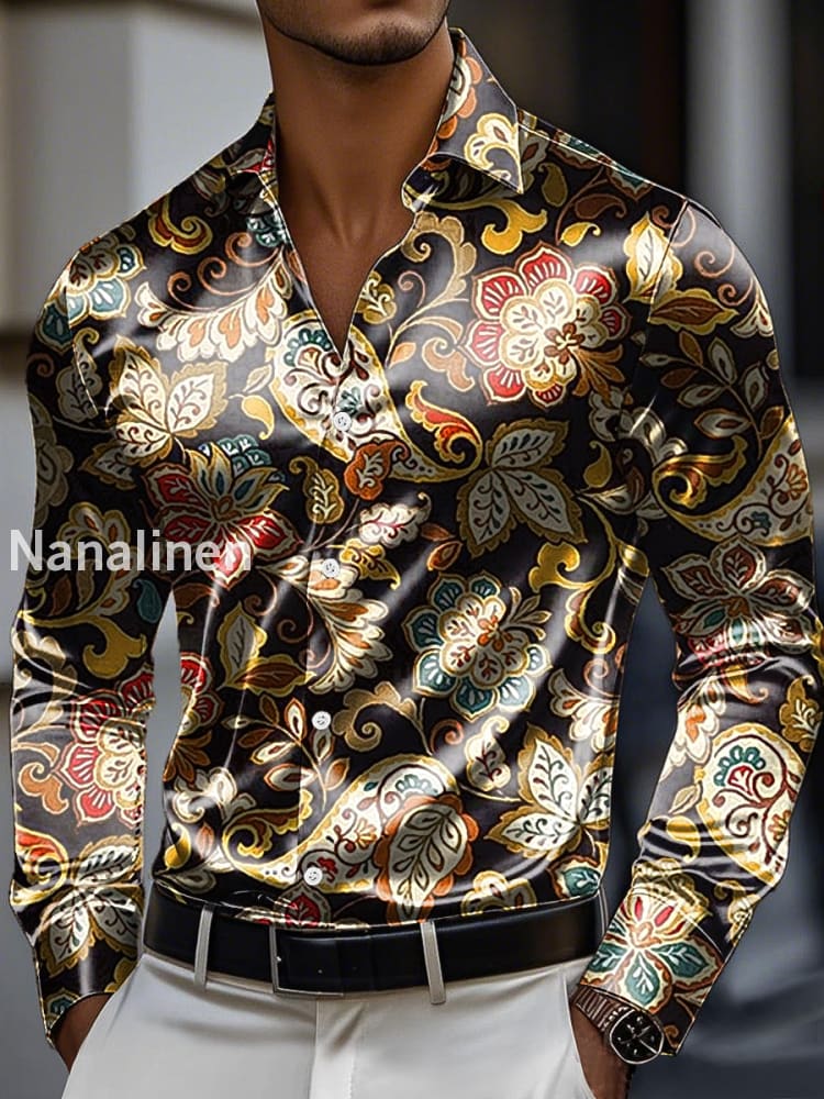 Men’s Vintage Paisley Floral Print Premium Satin Long Sleeve Shirt Colorful / S