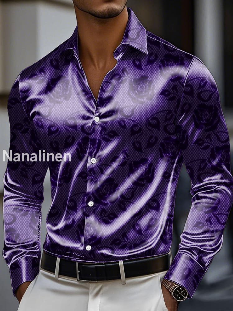 Men’s Vintage Rose Print Premium Satin Long Sleeve Shirt Colorful / S