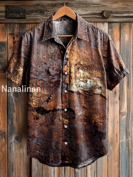 Men’s Vintage Rust Print Casual Short Sleeve Pocket Shirt Colorful / S