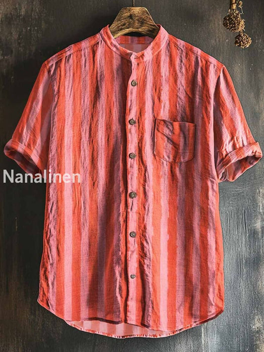 Men`s Vintage Stripes Print Cotton Casual Short Sleeve Shirt Red / S