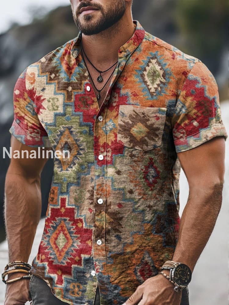 Men`s Vintage Style Absract Print Cotton Casual Short Sleeve Shirt Colorful / S