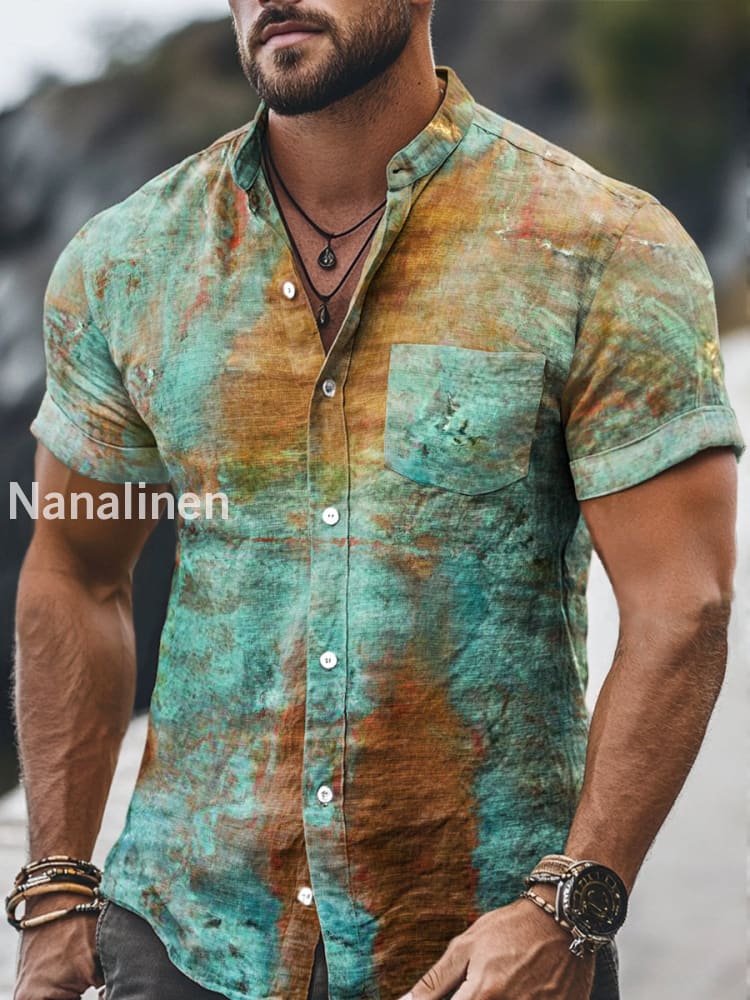 Men`s Vintage Style Absrtact Print Cotton Casual Short Sleeve Shirt Colorful / S