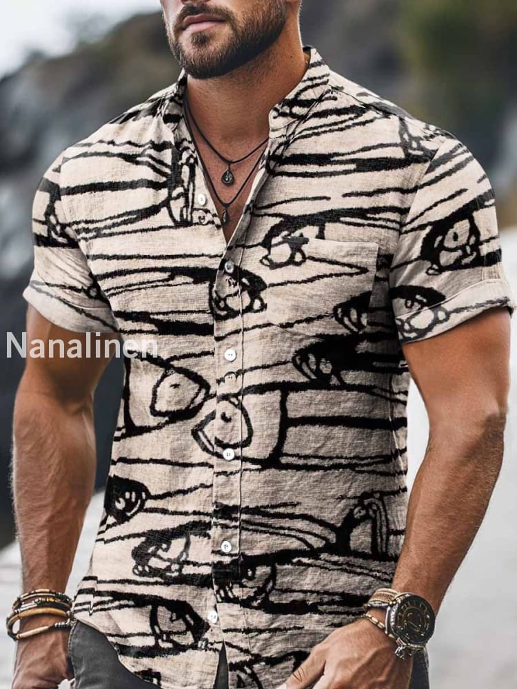 Men`s Vintage Style Abstract Fish Print Cotton Casual Short Sleeve Shirt Colorful / S