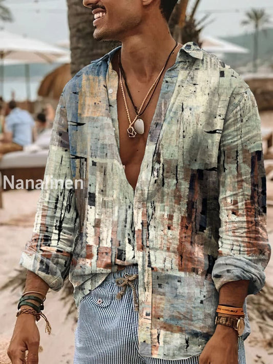 Men’s Vintage Style Abstract Pattern Print Art Casual Cotton Shirt Colorful / S