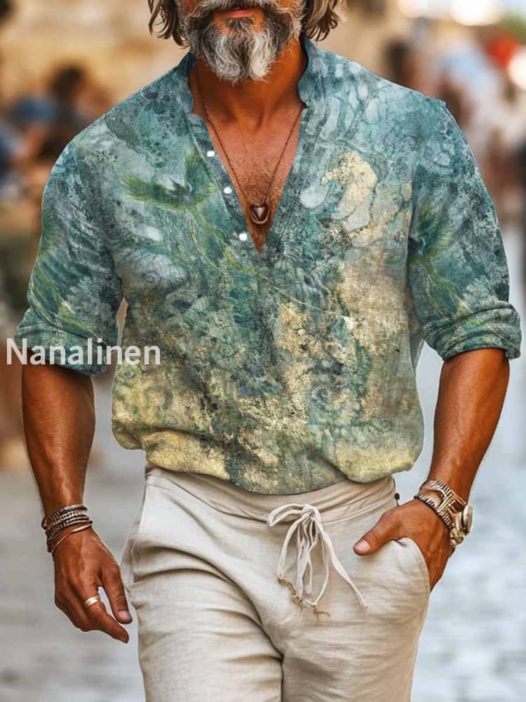 Men`s Vintage Style Abstract Print Cotton Casual Long Sleeve Shirt Colorful / S