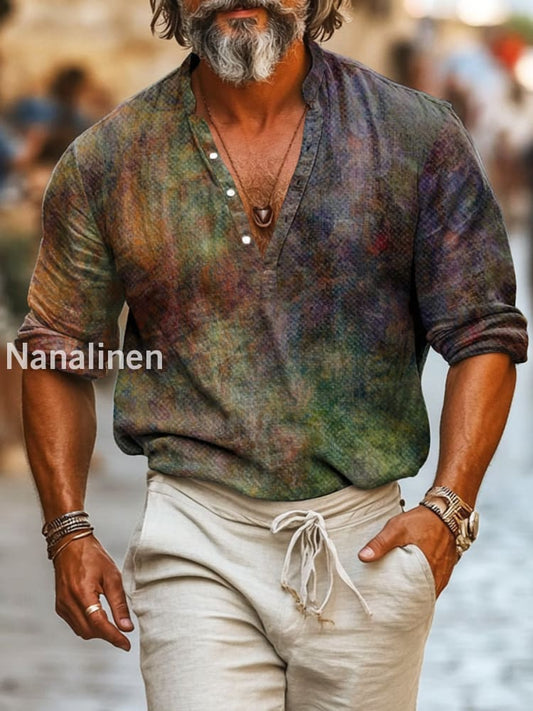 Men`s Vintage Style Abstract Print Cotton Casual Long Sleeve Shirt Colorful / S