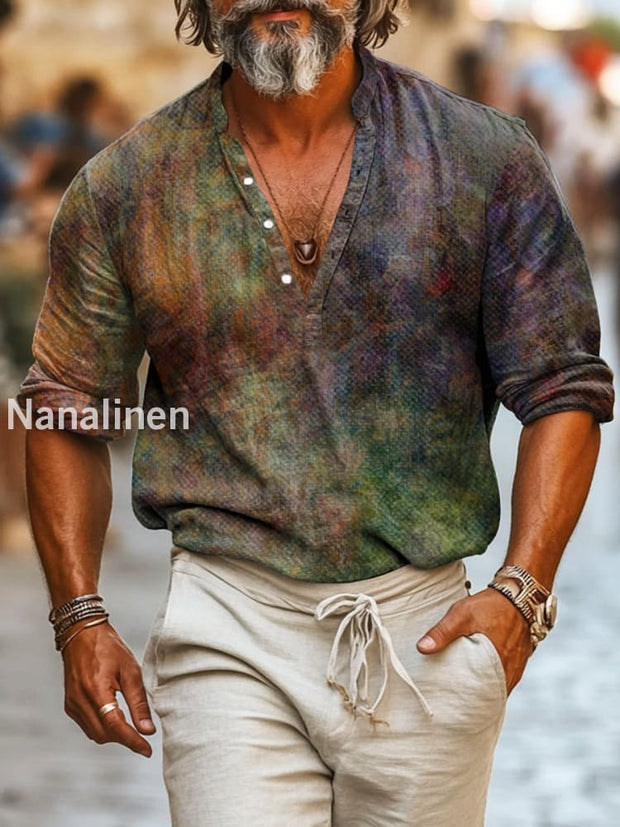 Men`s Vintage Style Abstract Print Cotton Casual Long Sleeve Shirt Colorful / S