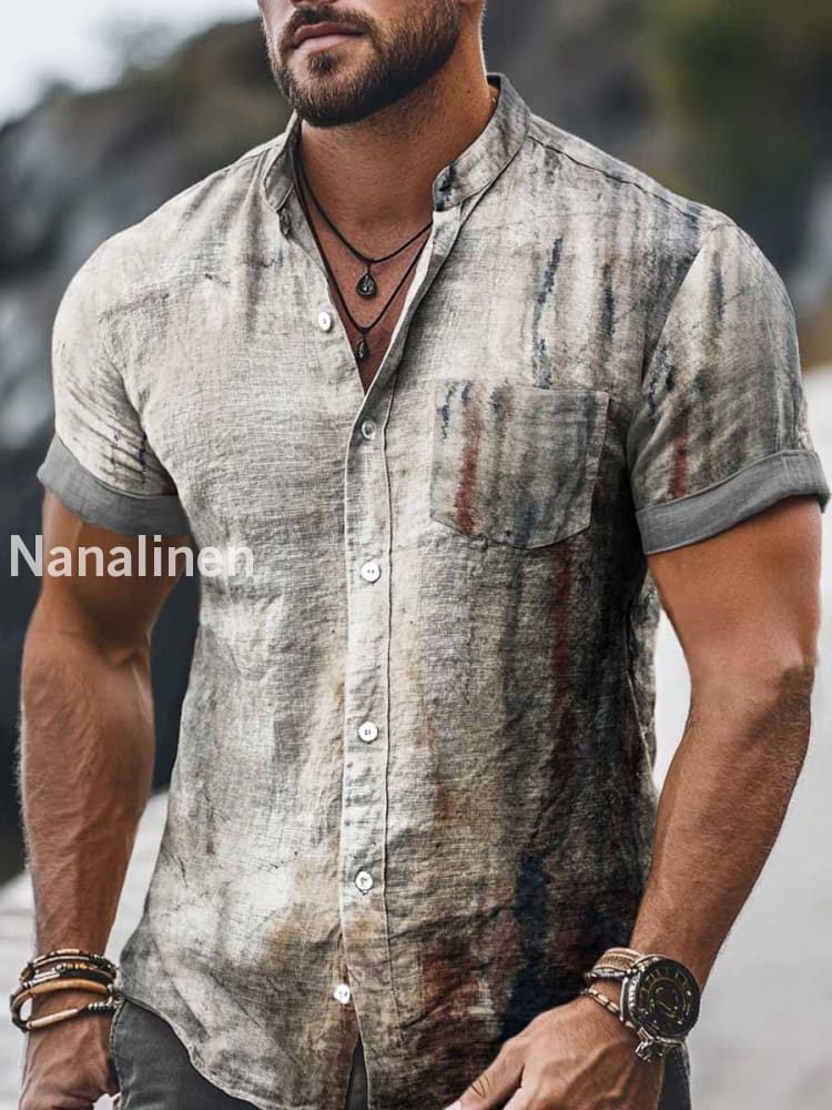 Men`s Vintage Style Abstract Print Cotton Casual Short Sleeve Shirt Colorful / S