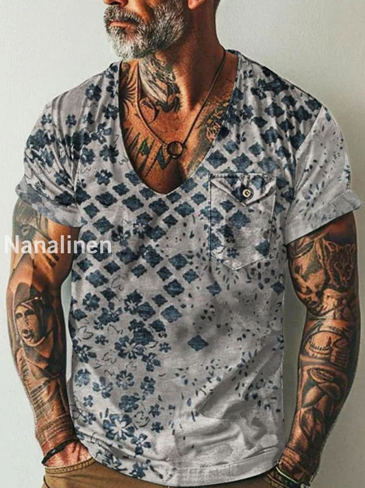 Men`s Vintage Style Art Print Pocket Casual Short Sleeves T-Shirt Colorful / S
