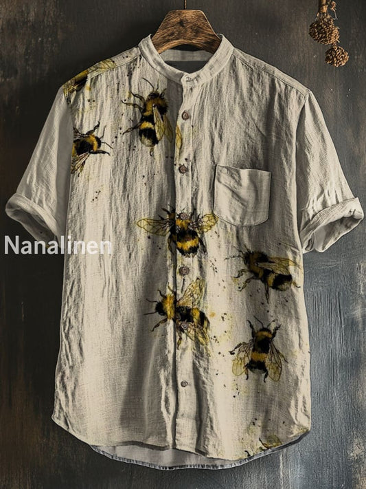 Men`s Vintage Style Bee Print Cotton Casual Short Sleeve Shirt Colorful / S