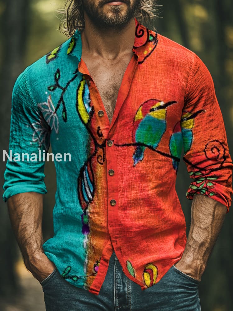 Men’s Vintage Style Birds Print Art Casual Cotton Shirt Colorful / S