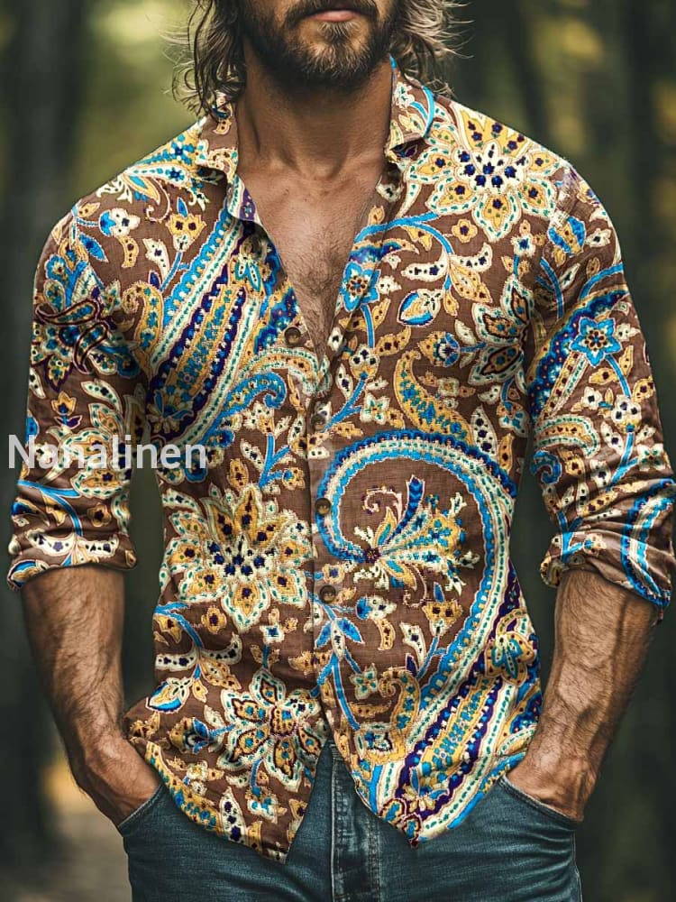 Men’s Vintage Style Bohemian Floral Print Art Casual Cotton Shirt Colorful / S
