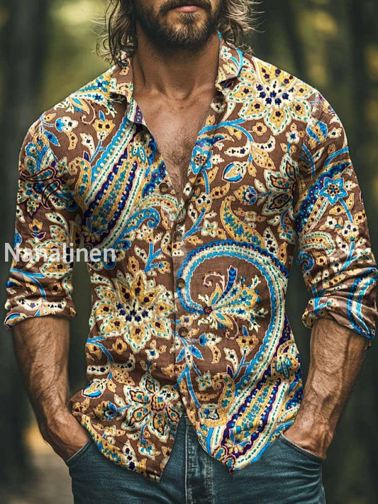 Men’s Vintage Style Bohemian Floral Print Art Casual Cotton Shirt Colorful / S