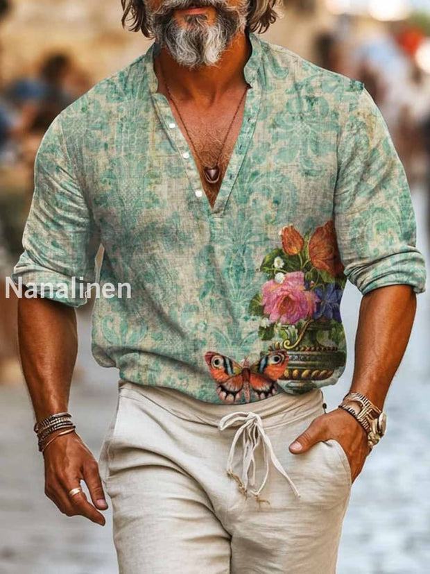 Men`s Vintage Style Butterfly And Floral Print Cotton Casual Long Sleeve Shirt Colorful / S