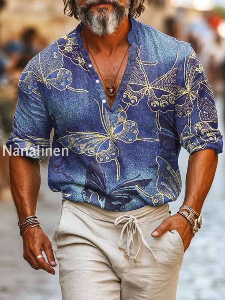 Men`s Vintage Style Butterfly Print Cotton Casual Long Sleeve Shirt Blue / S