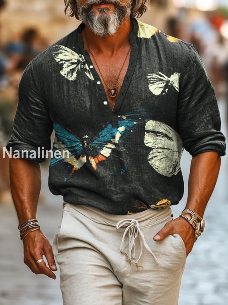 Men`s Vintage Style Butterfly Print Cotton Casual Long Sleeve Shirt Colorful / S