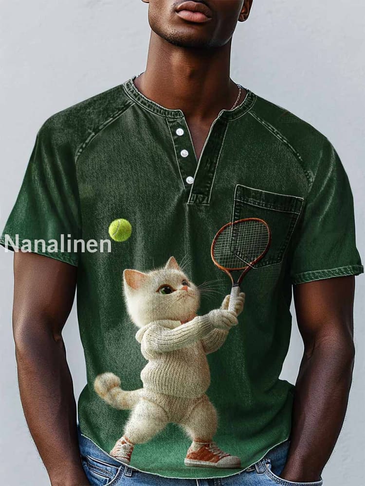 Men`s Vintage Style Cat Play Tennies Abstract Art Print Design Casual T-Shirt Colorful / S
