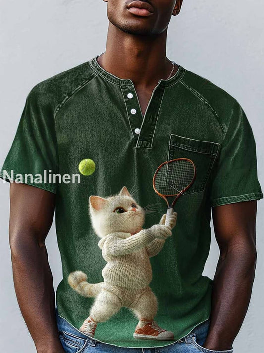 Men`s Vintage Style Cat Play Tennies Abstract Art Print Design Casual T-Shirt Colorful / S