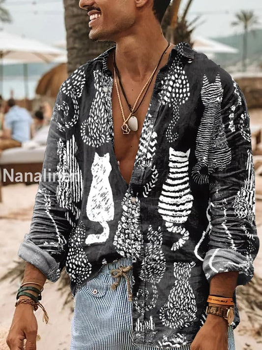 Men’s Vintage Style Cats Print Art Casual Cotton Shirt Colorful / S