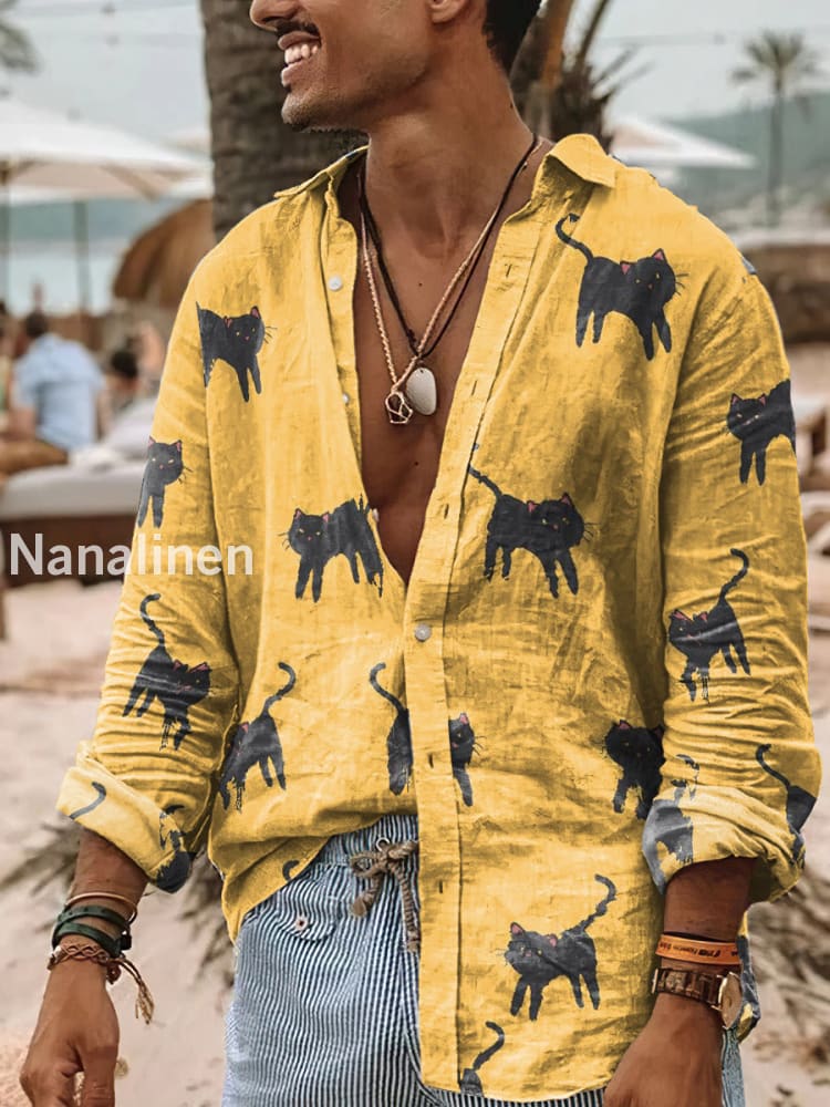Men’s Vintage Style Cats Print Art Casual Cotton Shirt Colorful / S