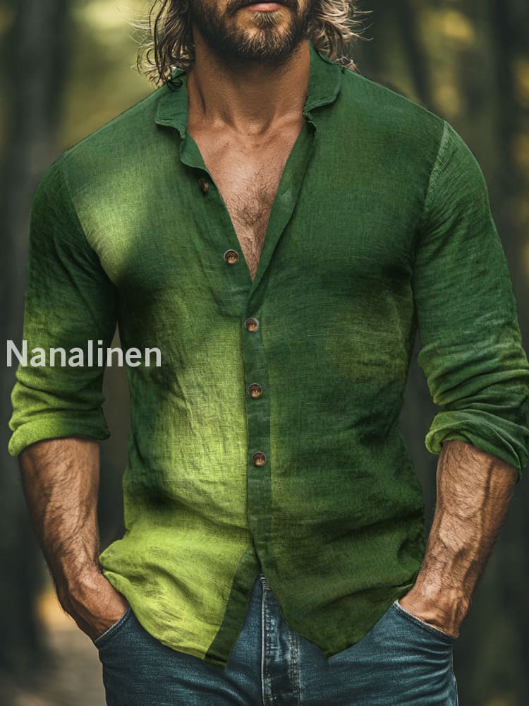Men’s Vintage Style Color Gradient Print Art Casual Cotton Shirt Green / S