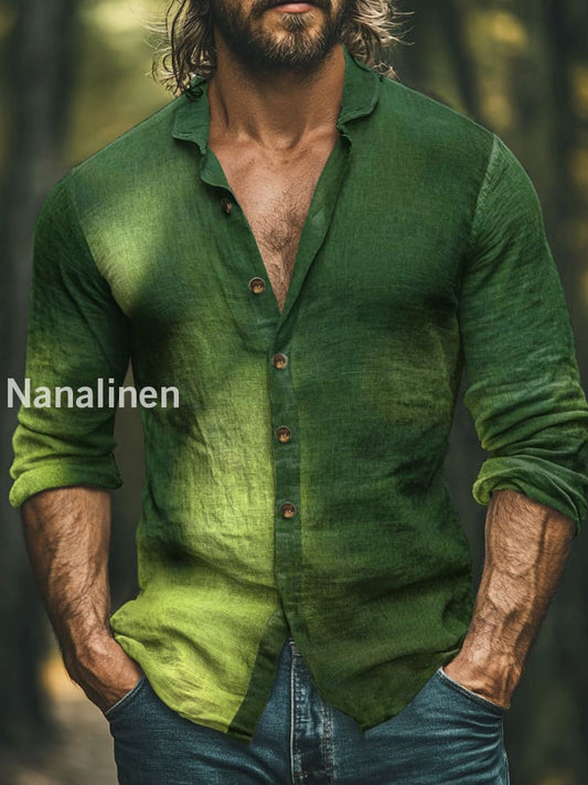 Men’s Vintage Style Color Gradient Print Art Casual Cotton Shirt Green / S