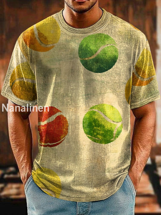 Men`s Vintage Style Color Tennis Ball Abstract Art Print Design T-Shirt Colorful / S