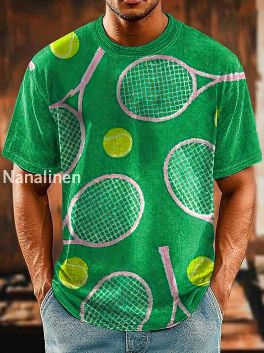 Men`s Vintage Style Color Tennis Ball Abstract Art Print Design T-Shirt Green / S