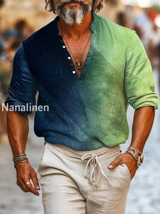 Men`s Vintage Style Contrast Tie-Dye Print Cotton Casual Long Sleeve Shirt Green / S