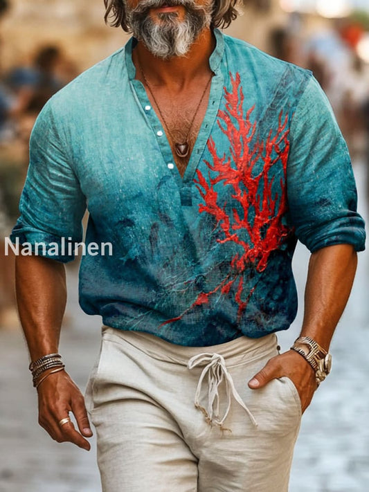Men`s Vintage Style Coral Print Cotton Casual Long Sleeve Shirt Colorful / S
