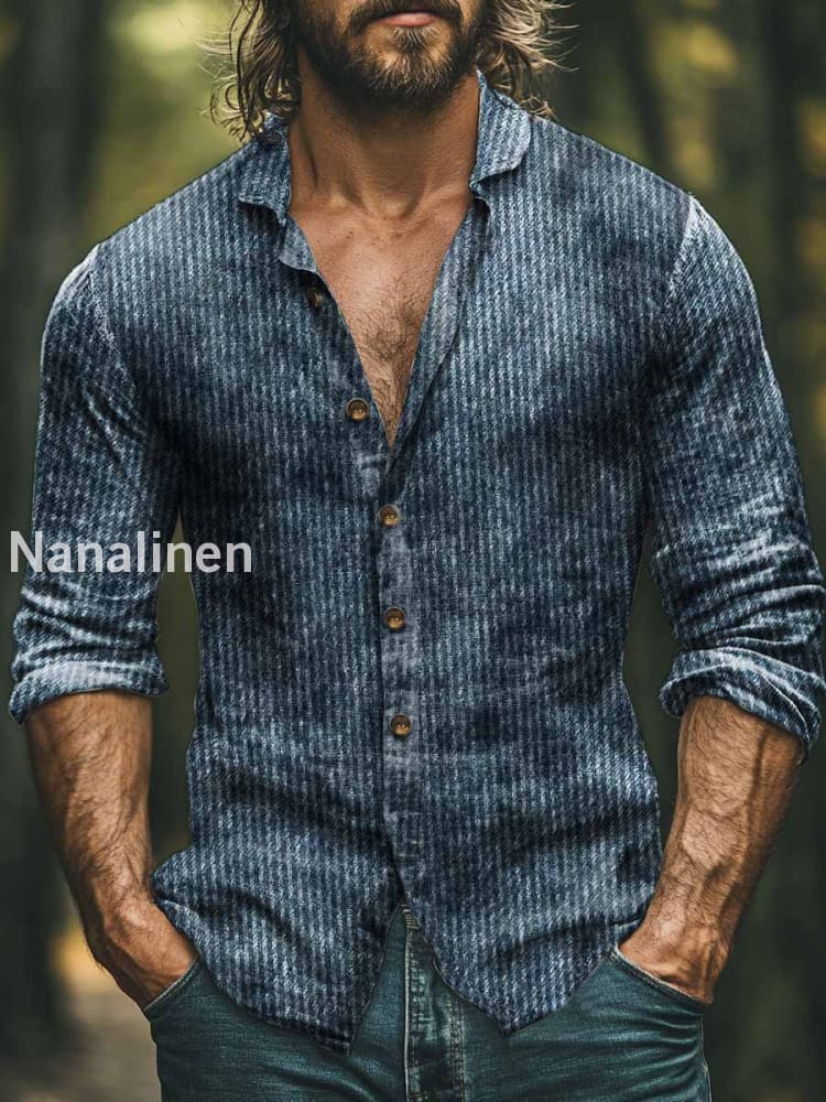 Men’s Vintage Style Corduroy Stripes Print Art Casual Cotton Shirt Blue / S